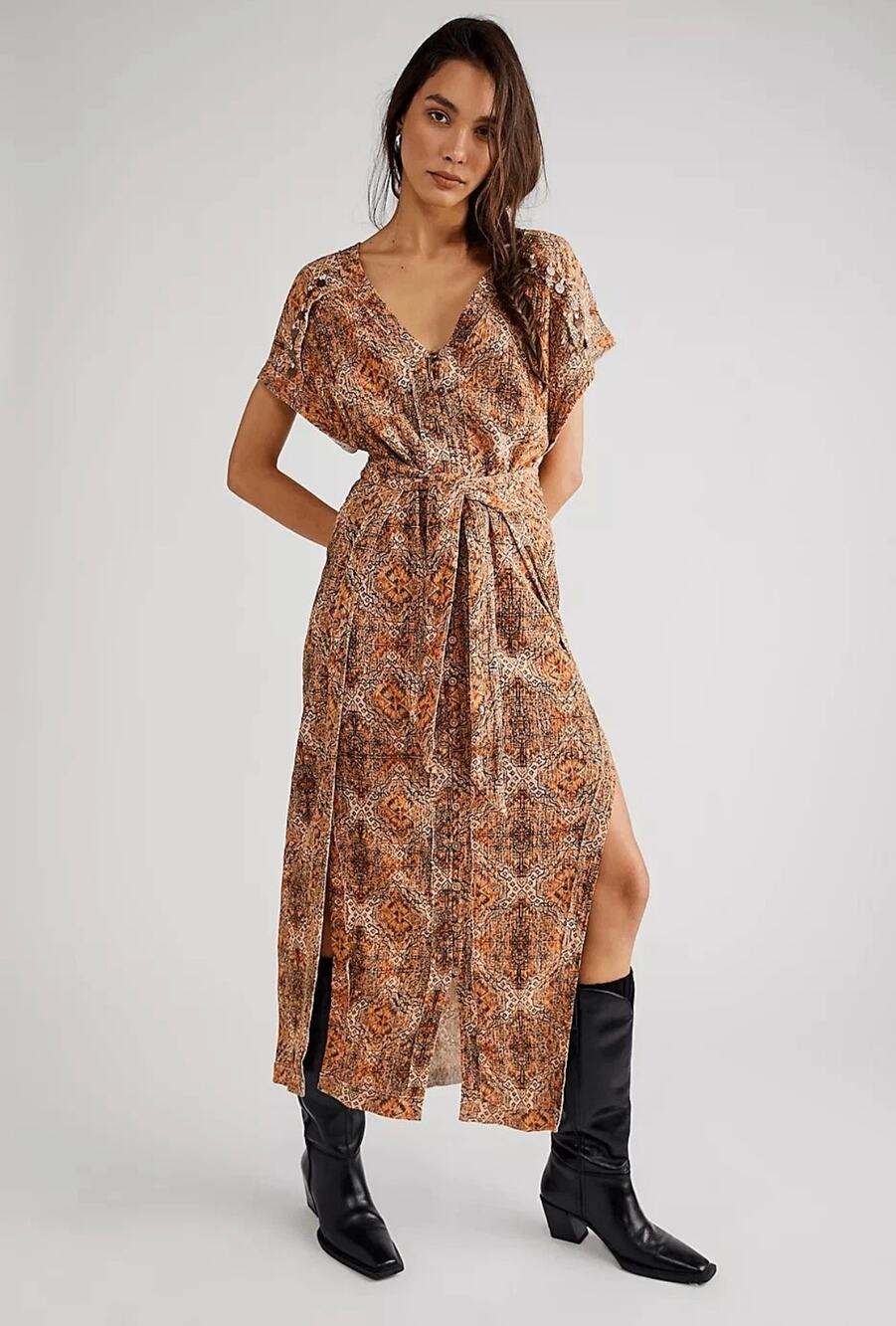 Free People Brown Paisley Textured Cotton Linen Button Front Maxi Dress S Boho